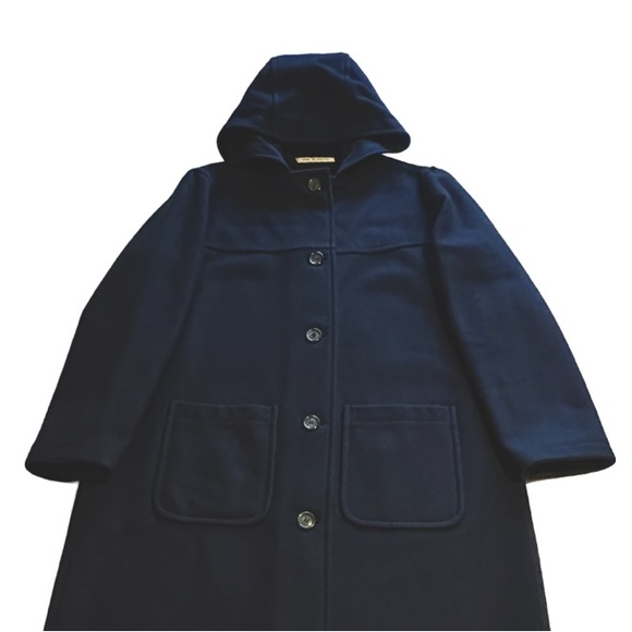BURBERRY’S | Hooded Navy Blue Button Up Wool Maxi Over Coat Jacket Trench - Picture 5 of 16